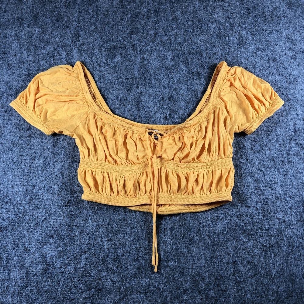 Urban Outfitters‎ Crop Top Womens M Yellow Ruched Puff Sleeve